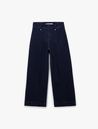 Nervürlü Yüksek Bel Rahat Kalıp Bol Paça Denim Pantolon - Culotte Jeans