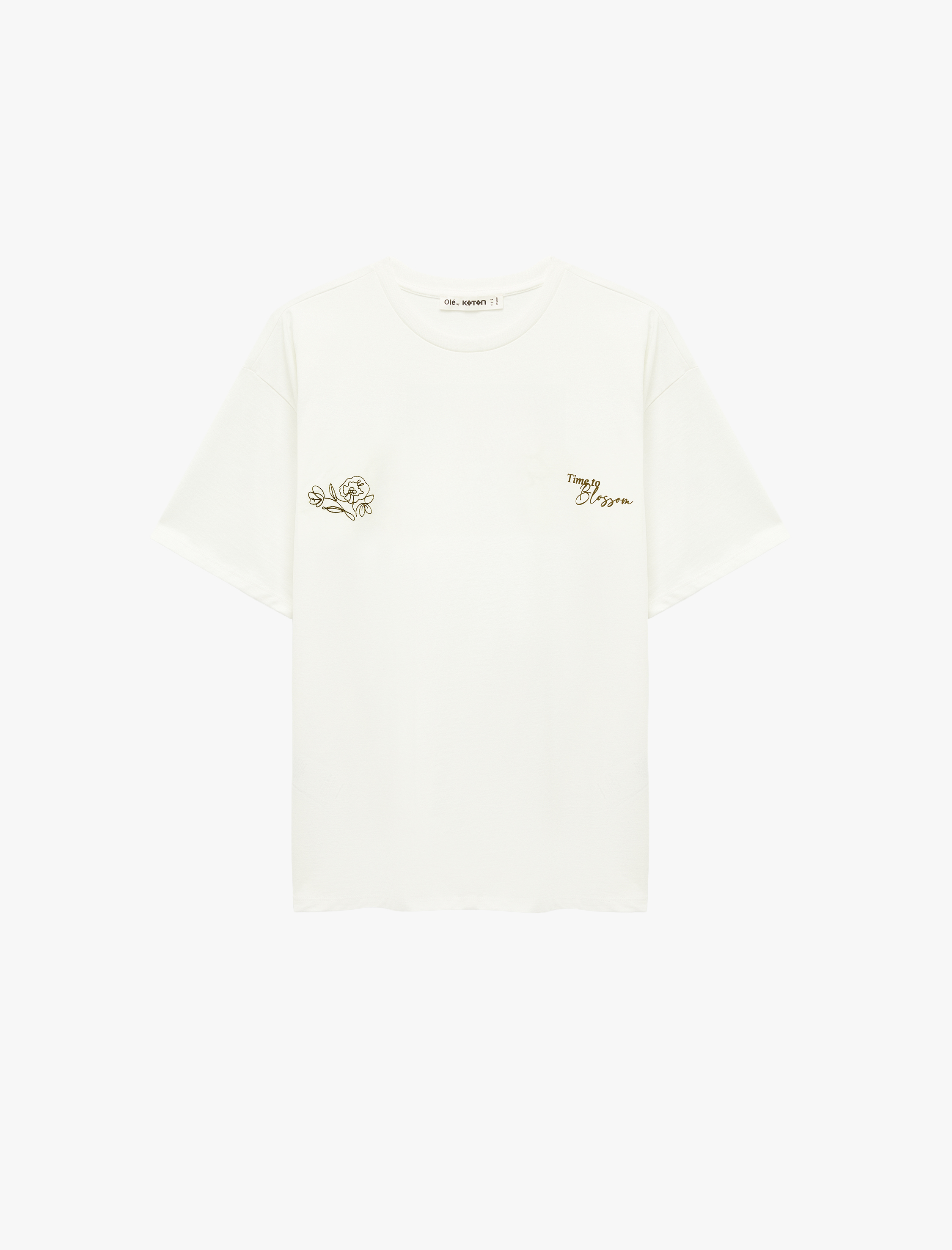   Çiçek Nakışlı Kısa Kollu Bisiklet Yaka Pamuklu Oversize Tişört