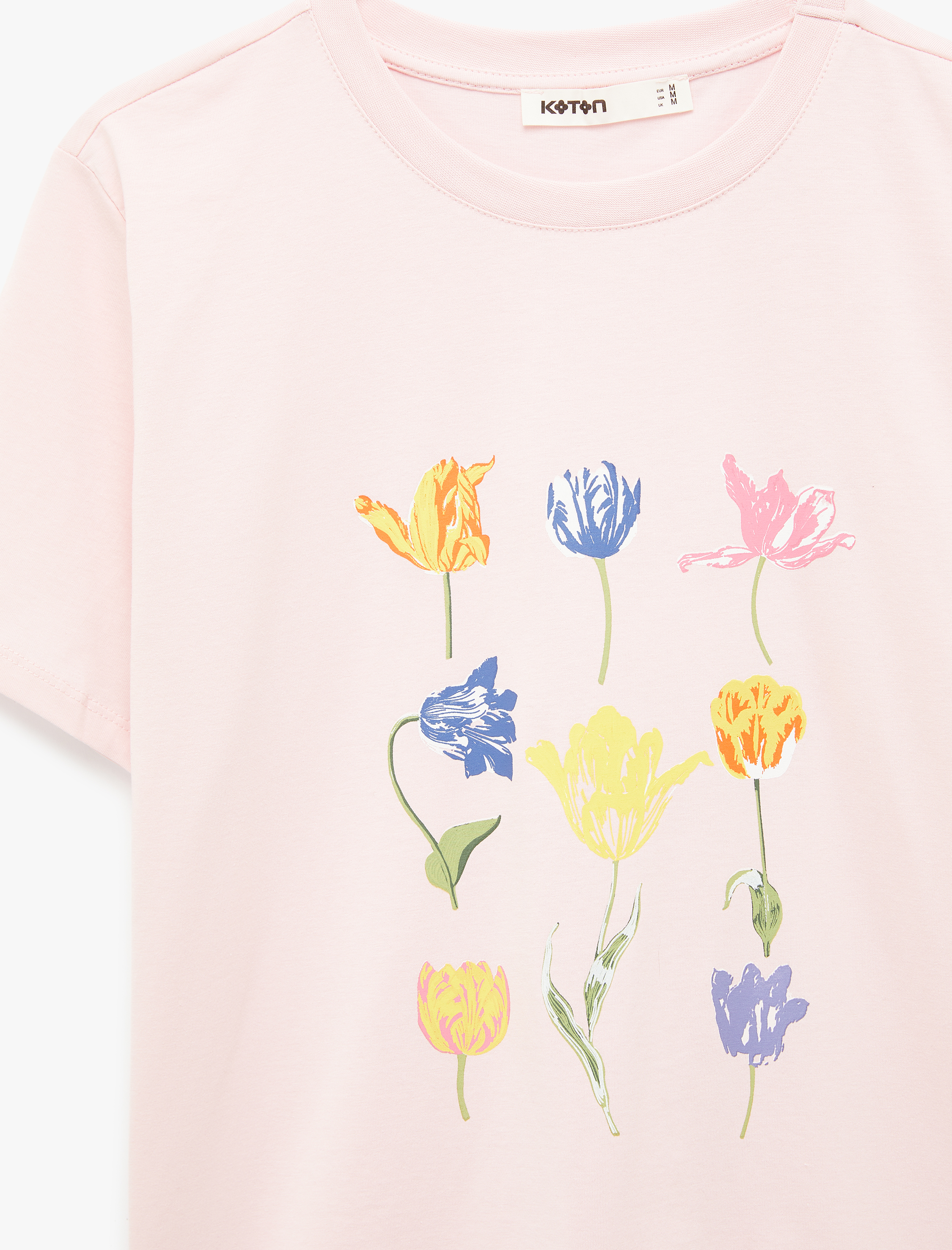   Pamuklu Bisiklet Yaka Kısa Kollu Lale Baskılı Tişört
