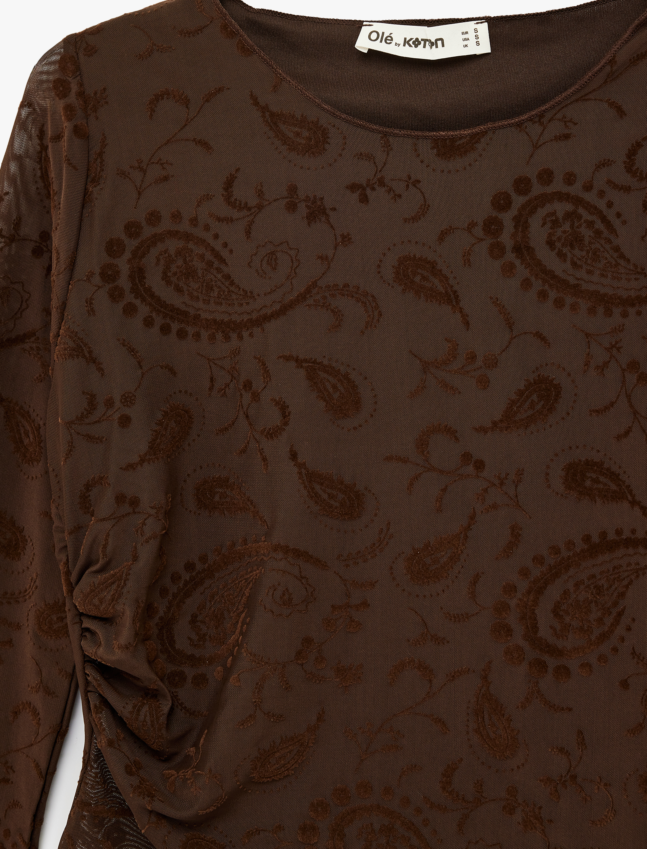   Asimetrik Uzun Kollu Bisiklet Yaka Şal Desenli Tül Tişört