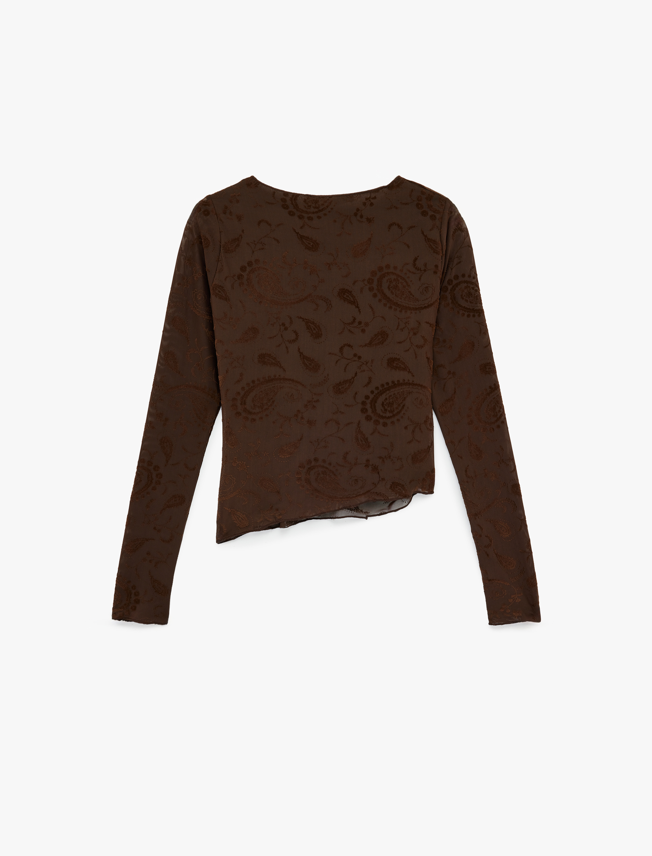   Asimetrik Uzun Kollu Bisiklet Yaka Şal Desenli Tül Tişört