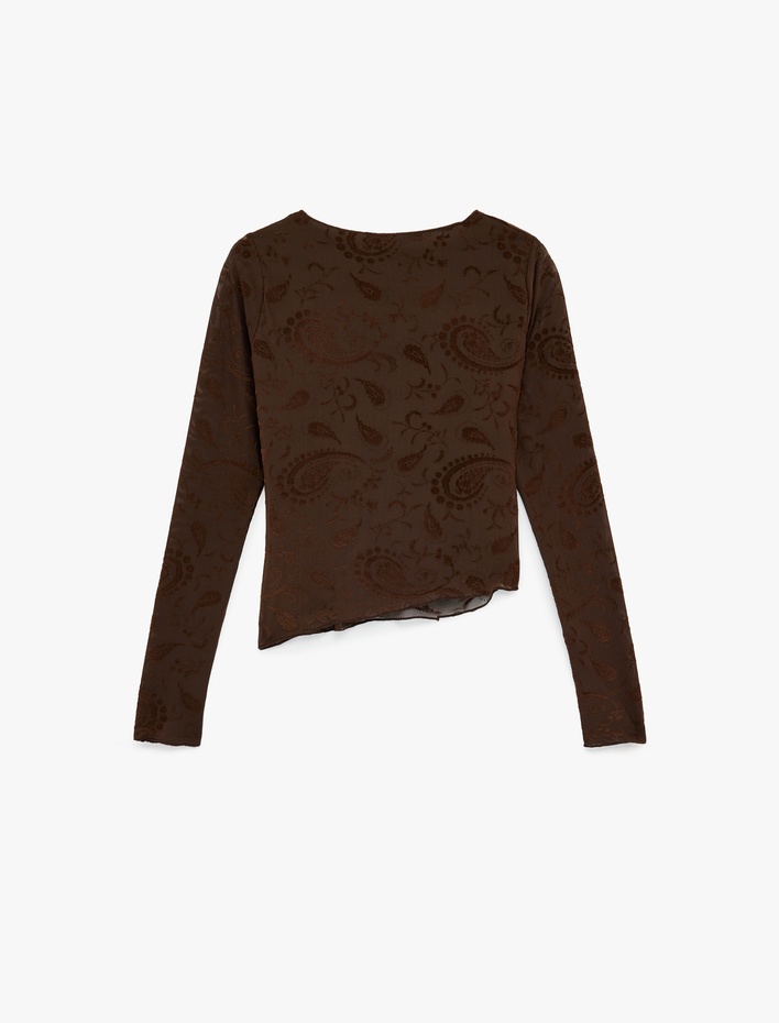  Asimetrik Uzun Kollu Bisiklet Yaka Şal Desenli Tül Tişört