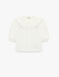 Viskon Karışımlı  Kısa Kollu Düğmeli Crop Bebe Yaka Bluz