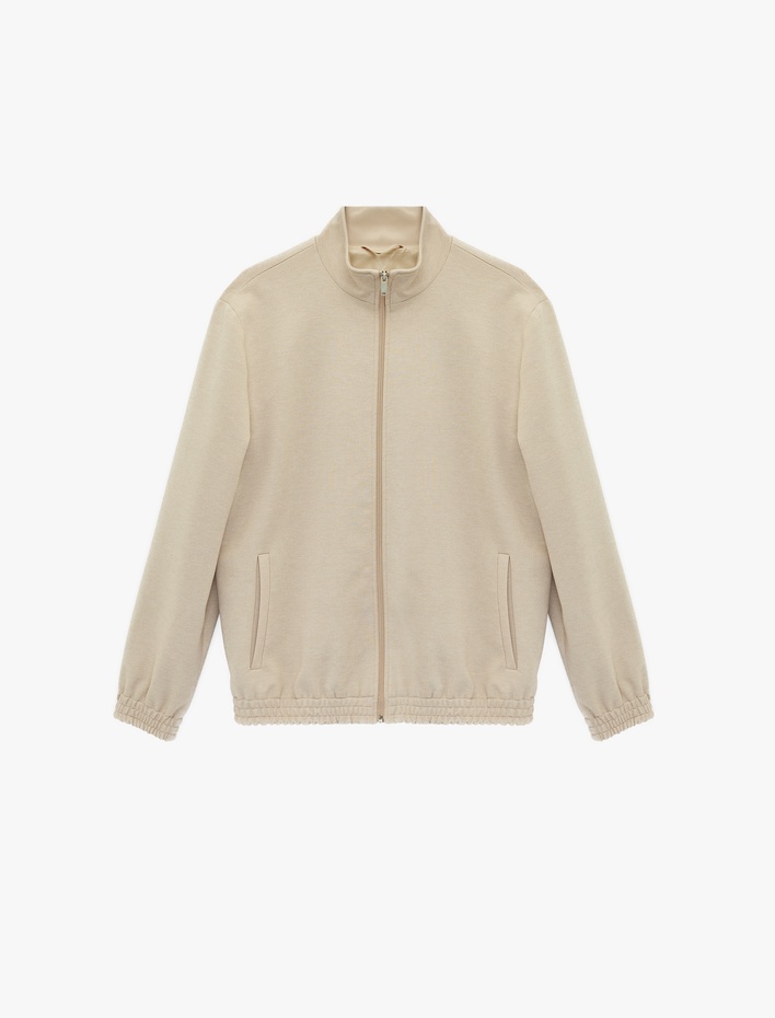  Uzun Kollu Cepli Dik Yaka Fermuarlı Slim Ceket