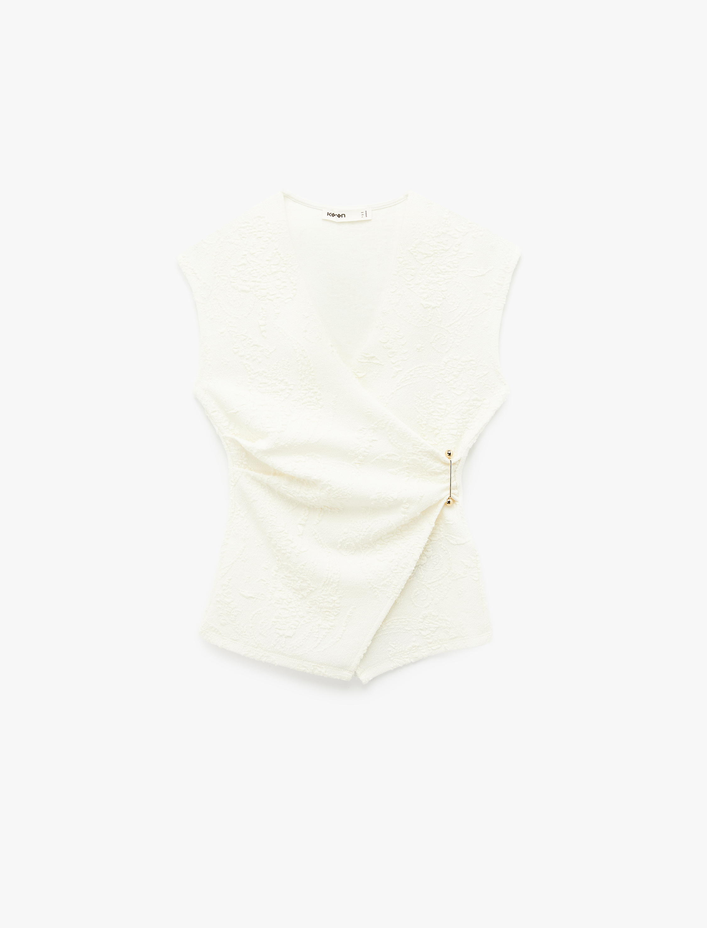   Aksesuarlı Drape Detaylı Floral Dokulu Kruvaze Yelek