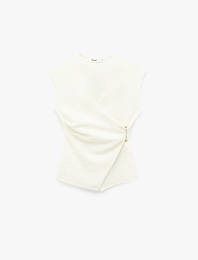 Aksesuarlı Drape Detaylı Floral Dokulu Kruvaze Yelek