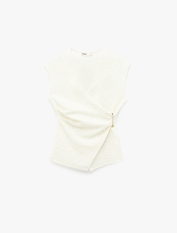  Aksesuarlı Drape Detaylı Floral Dokulu Kruvaze Yelek