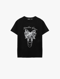 Pamuklu Kısa Kollu Bisiklet Yaka Fiyonk Baskılı Tişört