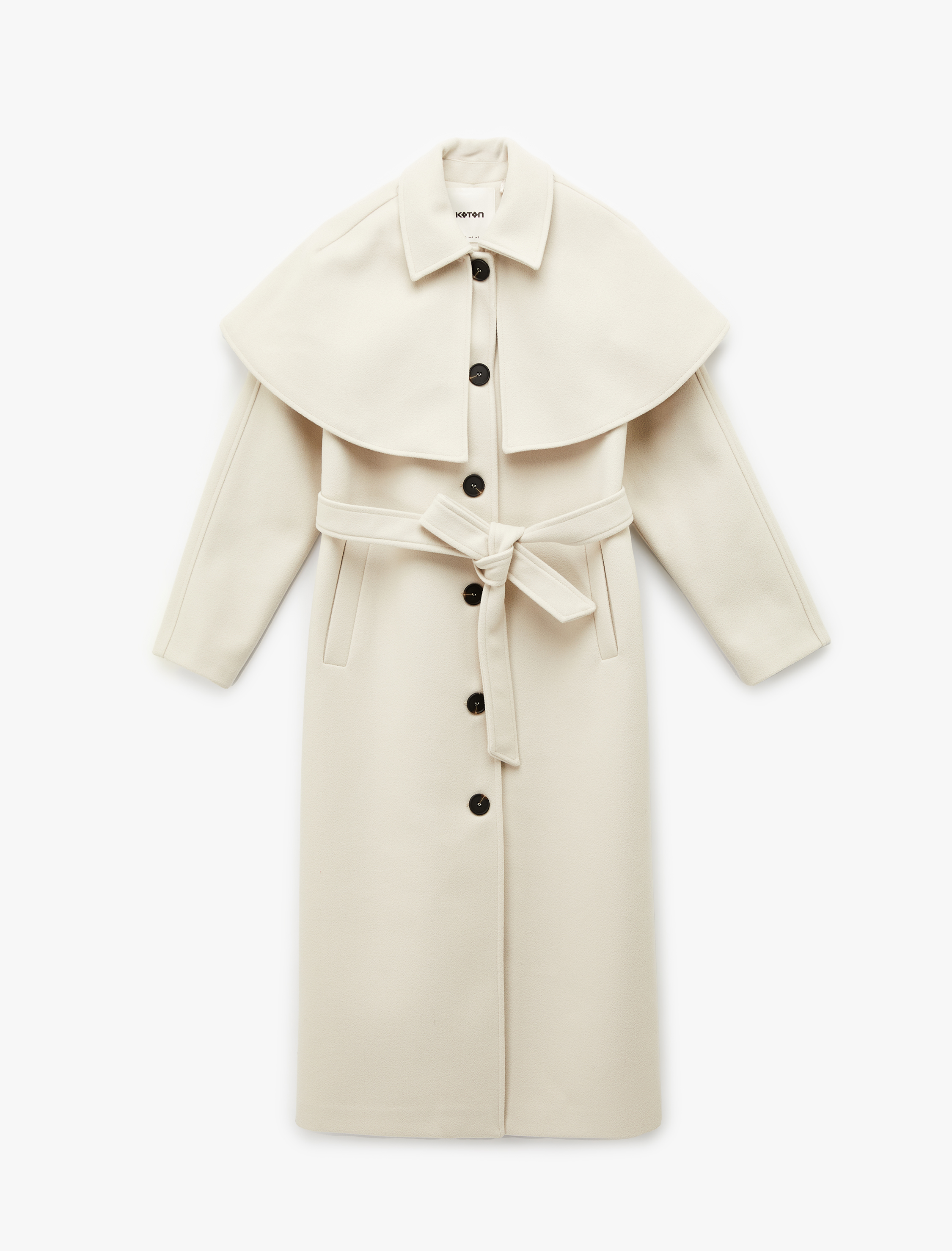   Uzun Pelerin Kaban Kaşe Kemerli Cepli Düğmeli