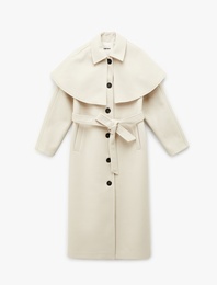 Uzun Pelerin Kaban Kaşe Kemerli Cepli Düğmeli