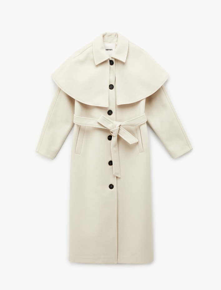  Uzun Pelerin Kaban Kaşe Kemerli Cepli Düğmeli