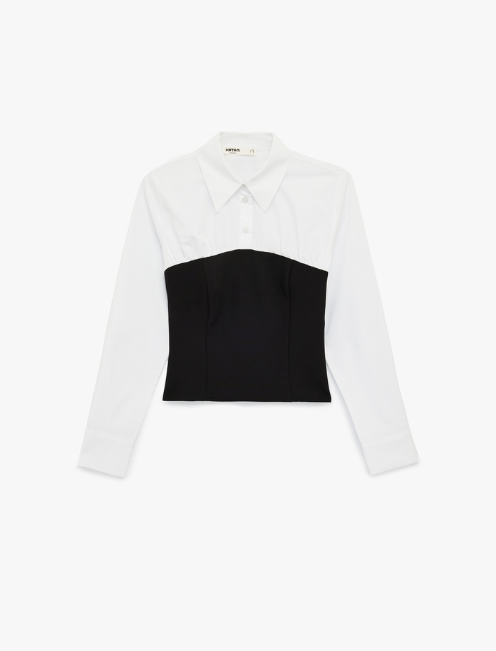  Slim Fit Uzun Kollu Renk Bloklu Klasik Yaka Düğmeli Poplin Gömlek