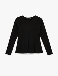 Slim Fit Sandy Kumaş Uzun Kollu Bisiklet Yaka Hafif Peplum Kesim Tişört