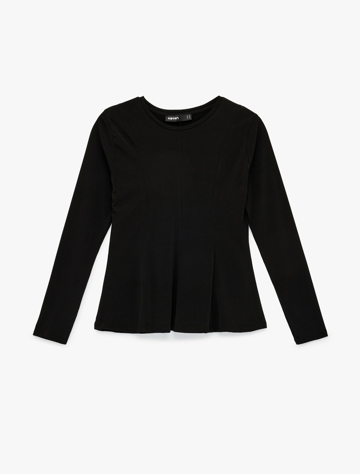  Slim Fit Sandy Kumaş Uzun Kollu Bisiklet Yaka Hafif Peplum Kesim Tişört