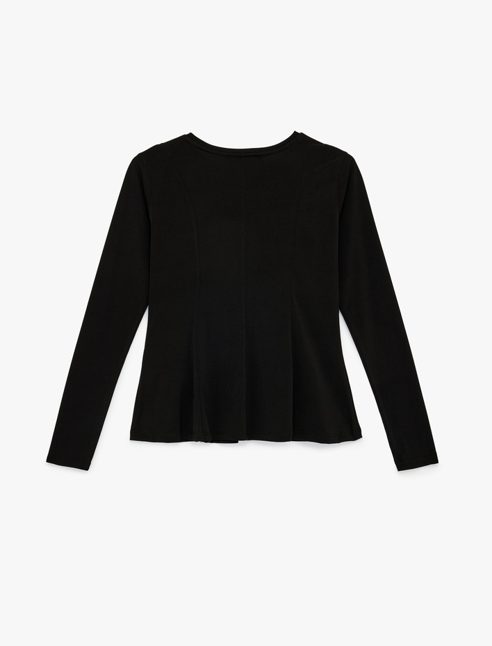  Slim Fit Sandy Kumaş Uzun Kollu Bisiklet Yaka Hafif Peplum Kesim Tişört