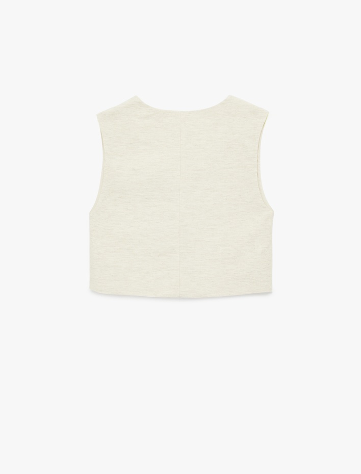  Keten Karışımlı V Yaka Düğmeli Crop Yelek