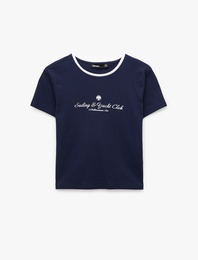 Slim Fit Bisiklet Yaka Kısa Kollu Pamuklu Baskılı Tişört