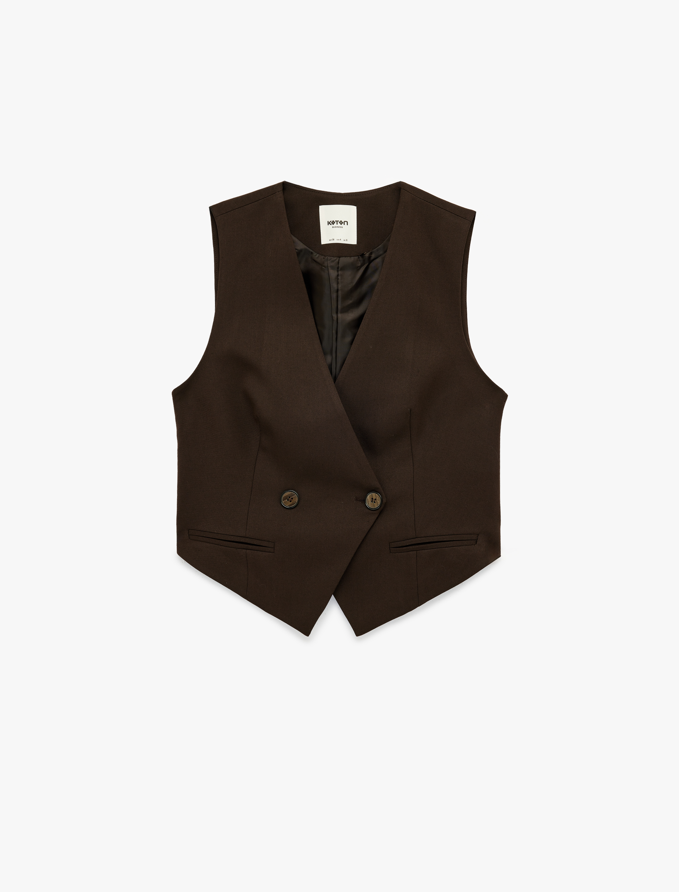   Düğmeli Cep Detaylı Viskon Karışımlı Kolsuz Kruvaze Yaka Yelek