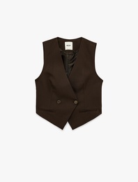 Düğmeli Cep Detaylı Viskon Karışımlı Kolsuz Kruvaze Yaka Yelek