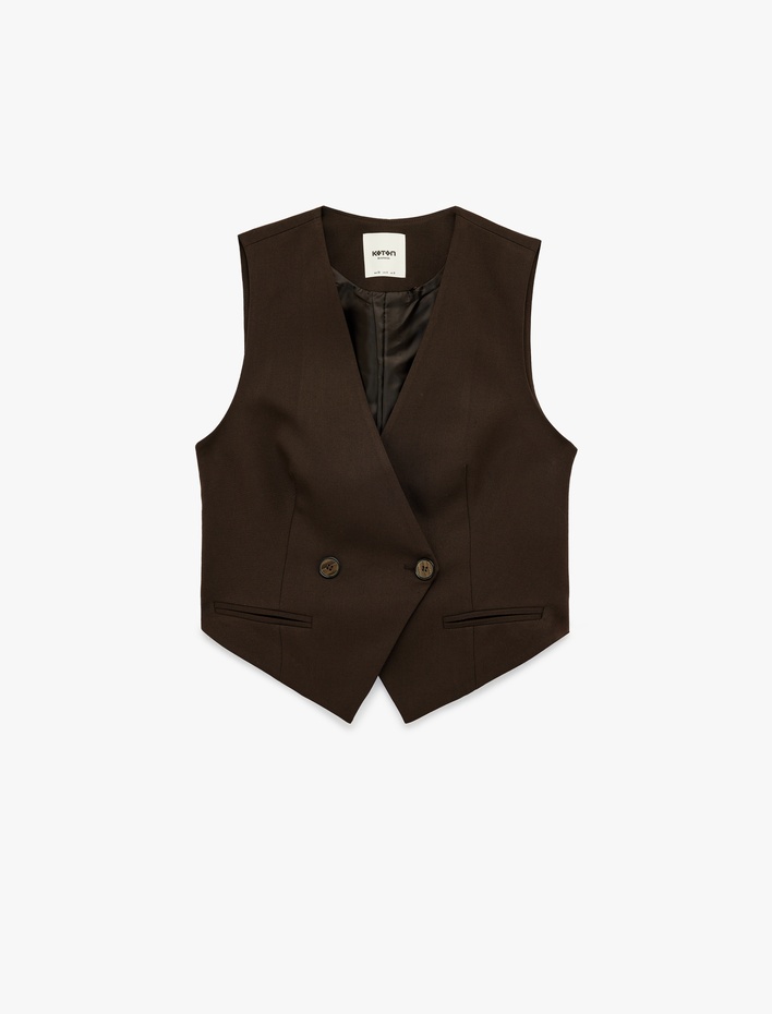  Düğmeli Cep Detaylı Viskon Karışımlı Kolsuz Kruvaze Yaka Yelek