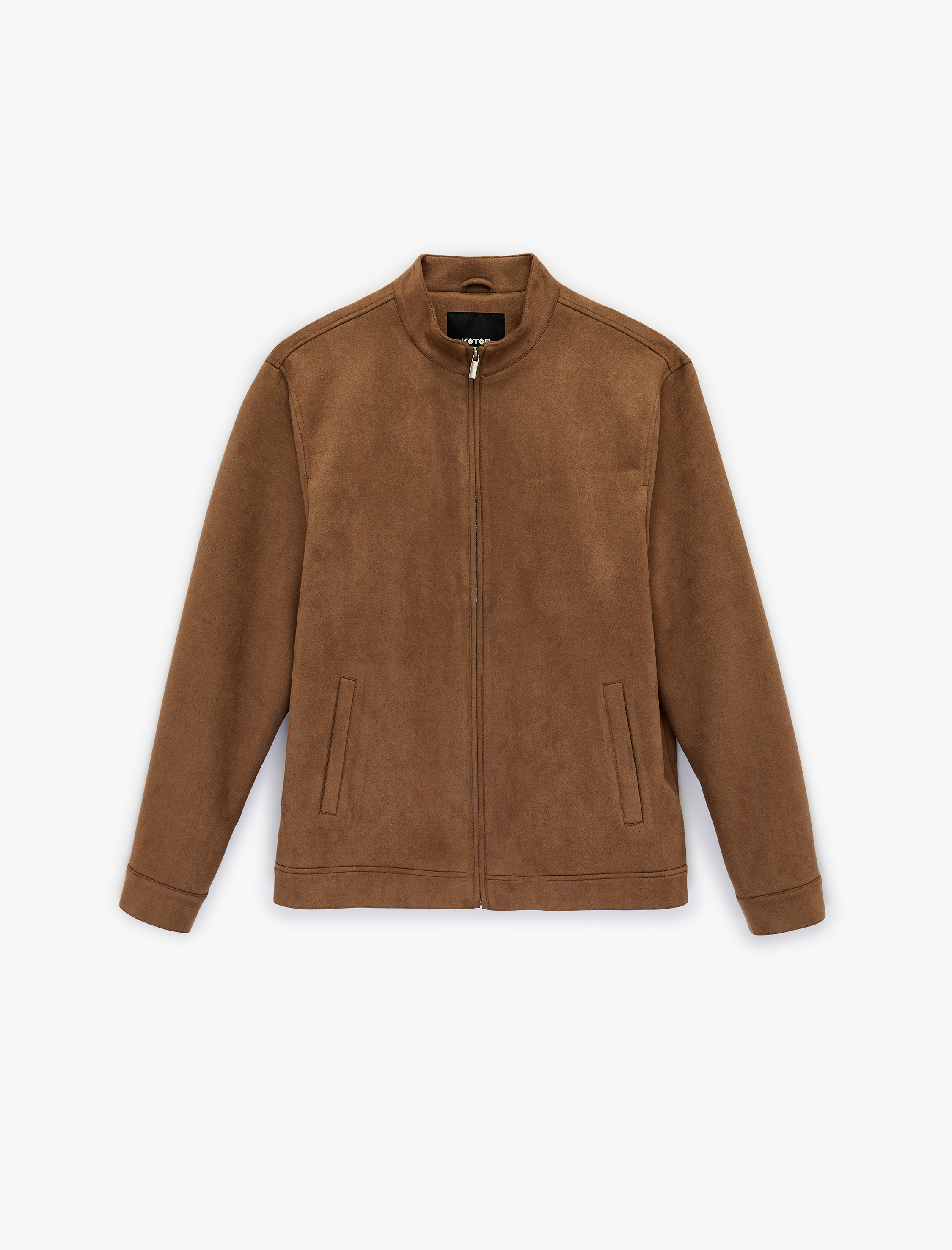   Uzun Kollu Dik Yaka Cepli Fermuarlı Slim Fit Suni Süet Bomber Ceket