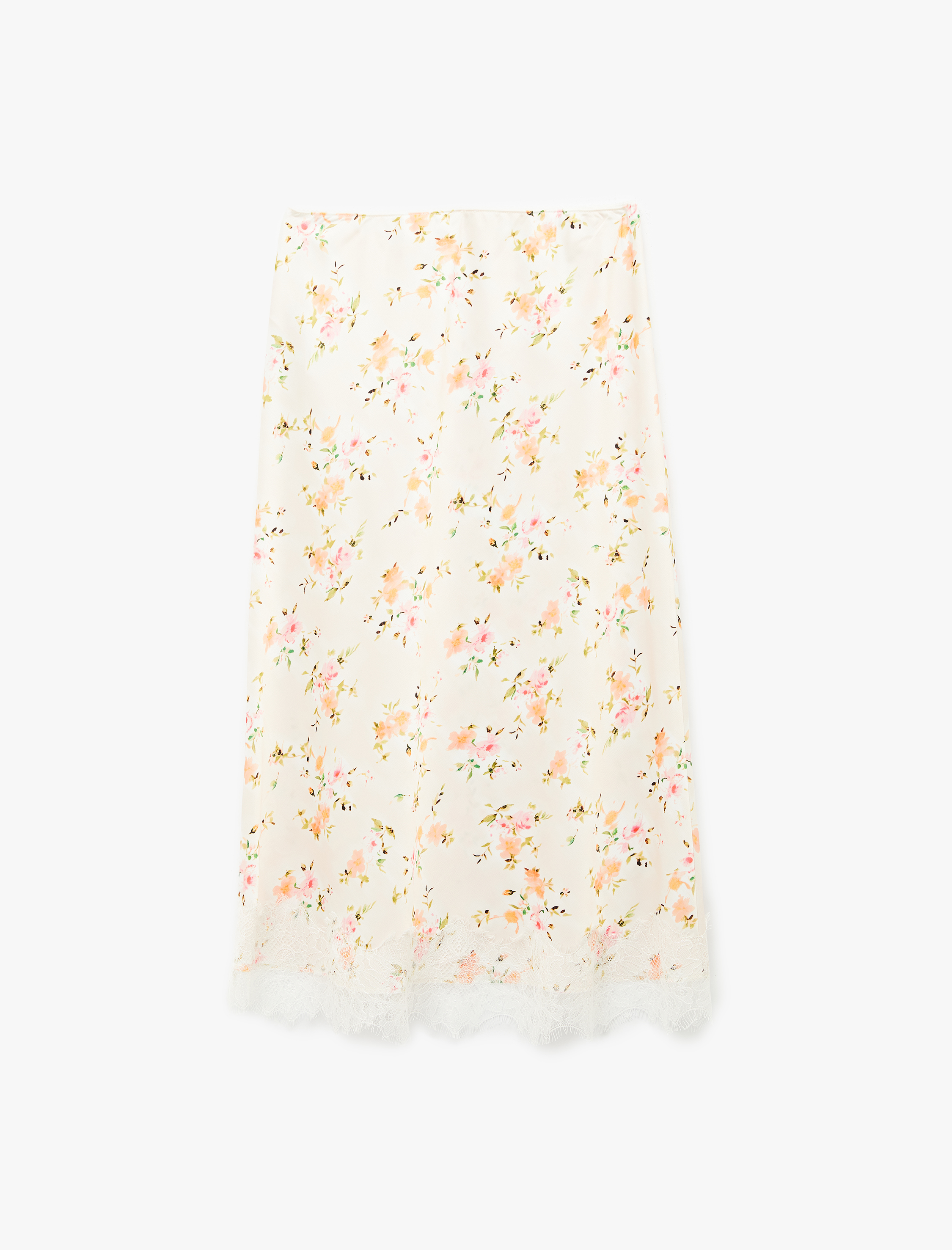   Dantel Detaylı Çiçekli Kloş Midi Saten Etek