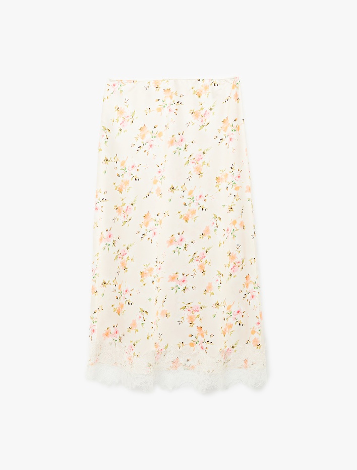  Dantel Detaylı Çiçekli Kloş Midi Saten Etek