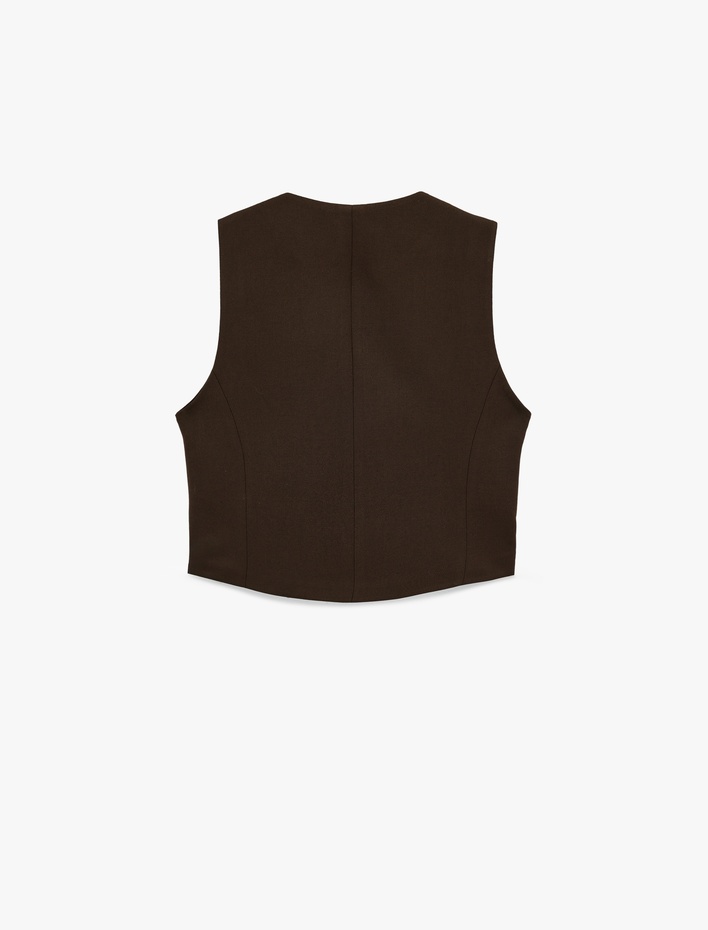  Düğmeli Cep Detaylı Viskon Karışımlı Kolsuz Kruvaze Yaka Yelek