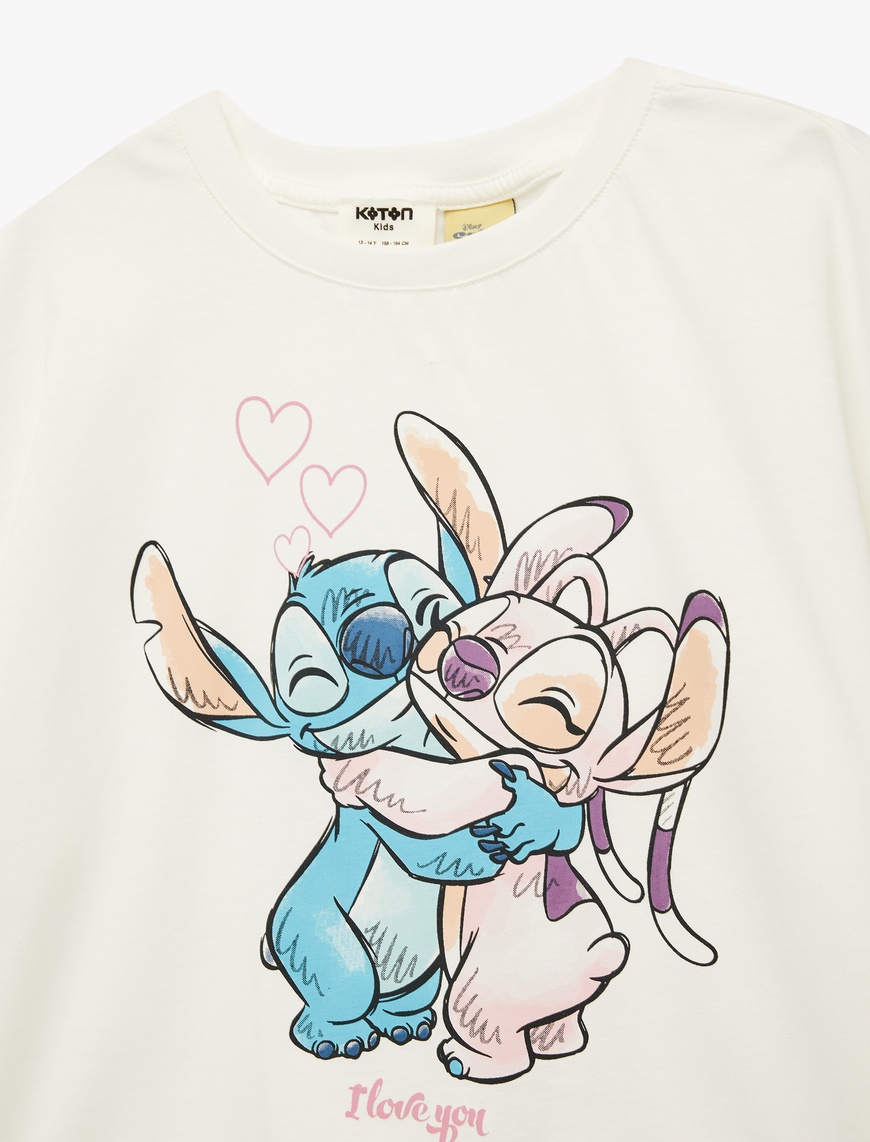 チッチ❤️ Ekru Kız Çocuk Stitch Baskılı Pamuklu Bisiklet Yaka Kısa Kollu