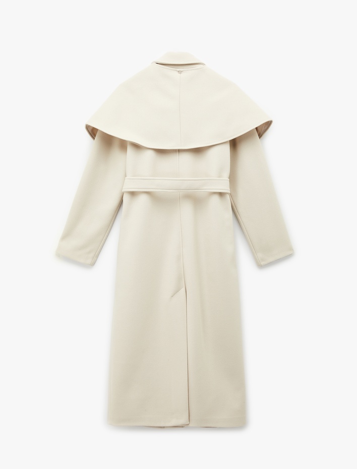  Uzun Pelerin Kaban Kaşe Kemerli Cepli Düğmeli