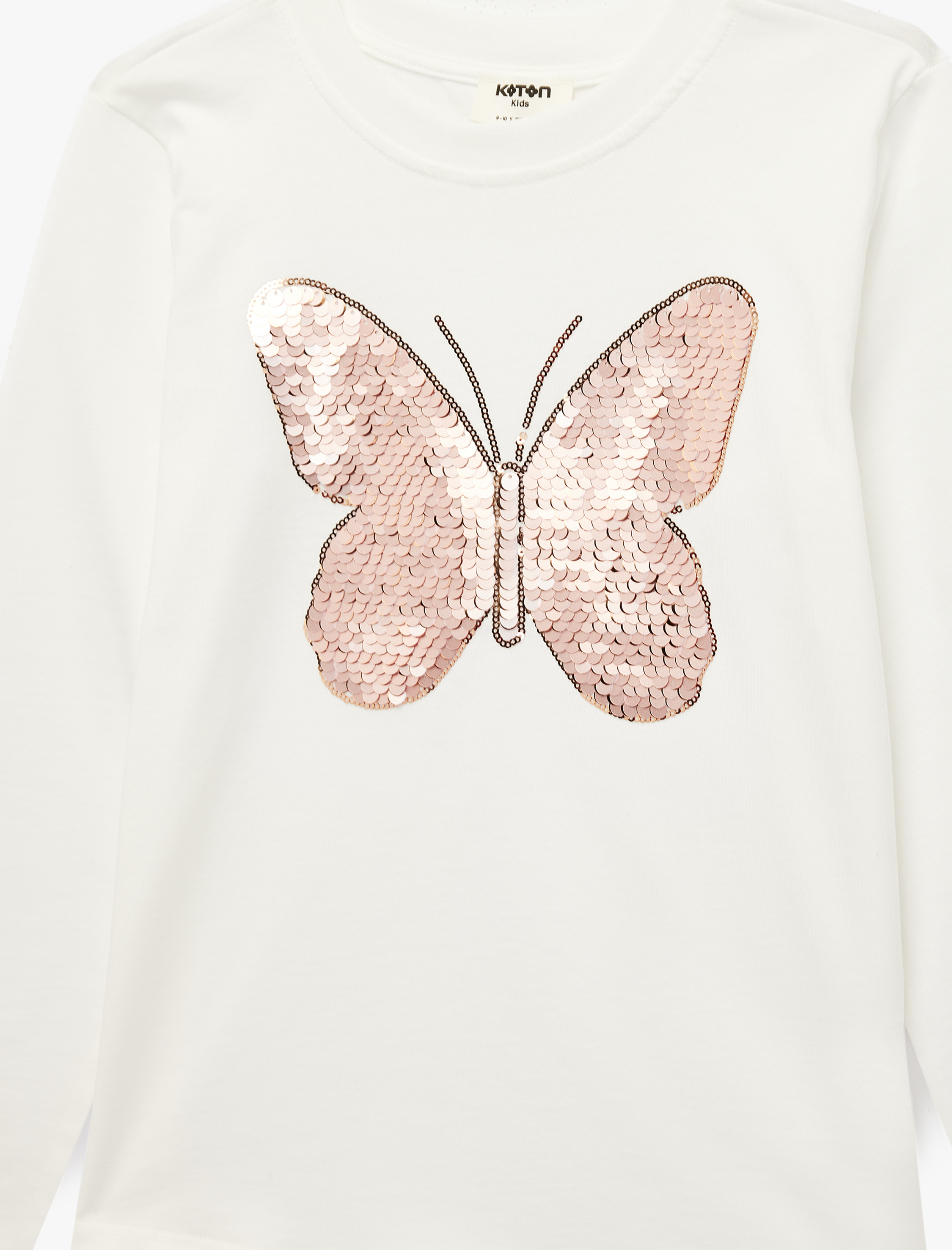  Kız Çocuk Pullu Payetli Uzun Kollu Bisiklet Yaka Kelebek Baskılı Pamuklu Tişört