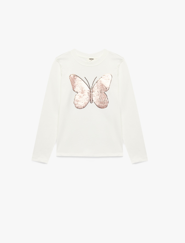 Kız Çocuk Pullu Payetli Uzun Kollu Bisiklet Yaka Kelebek Baskılı Pamuklu Tişört