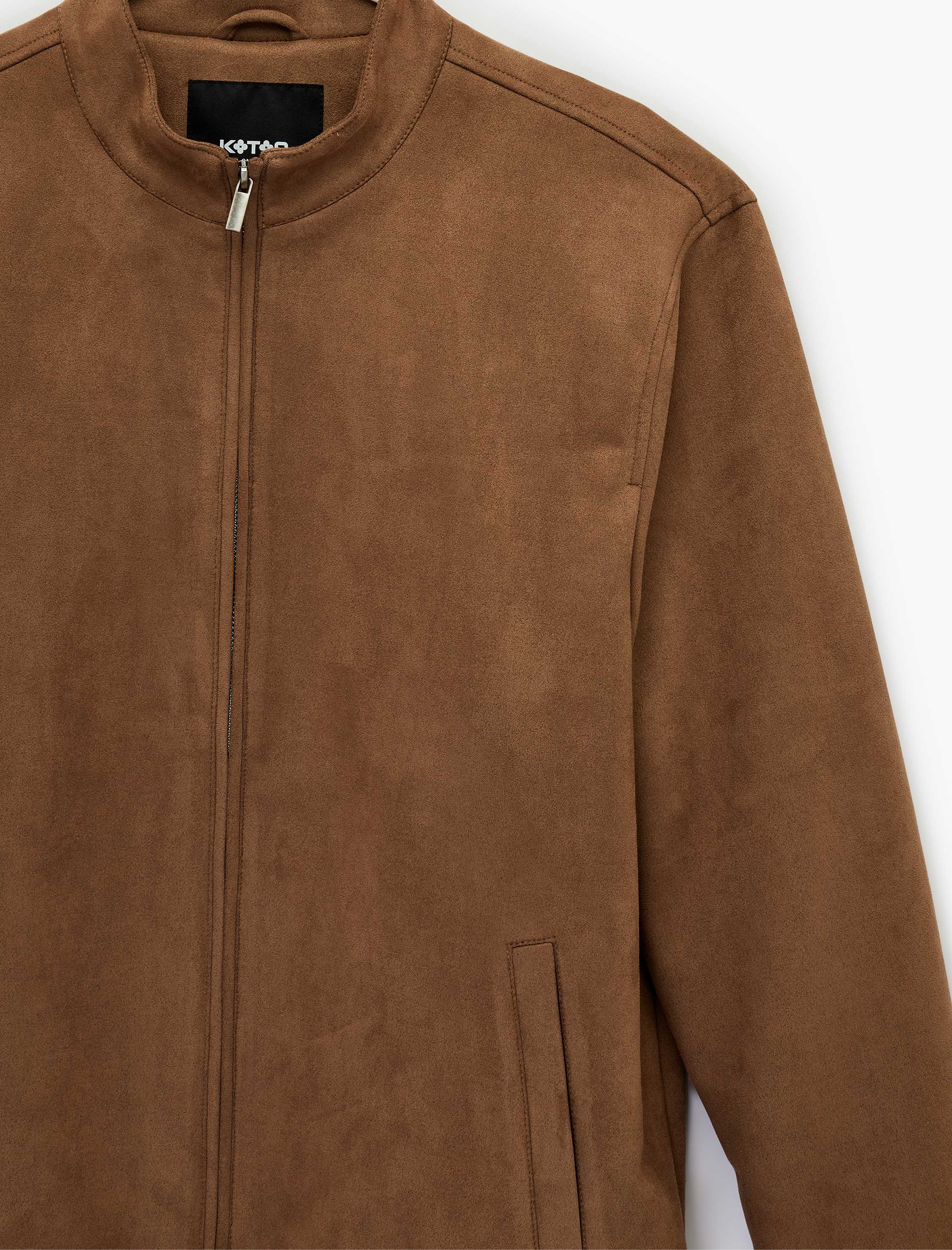   Uzun Kollu Dik Yaka Cepli Fermuarlı Slim Fit Suni Süet Bomber Ceket