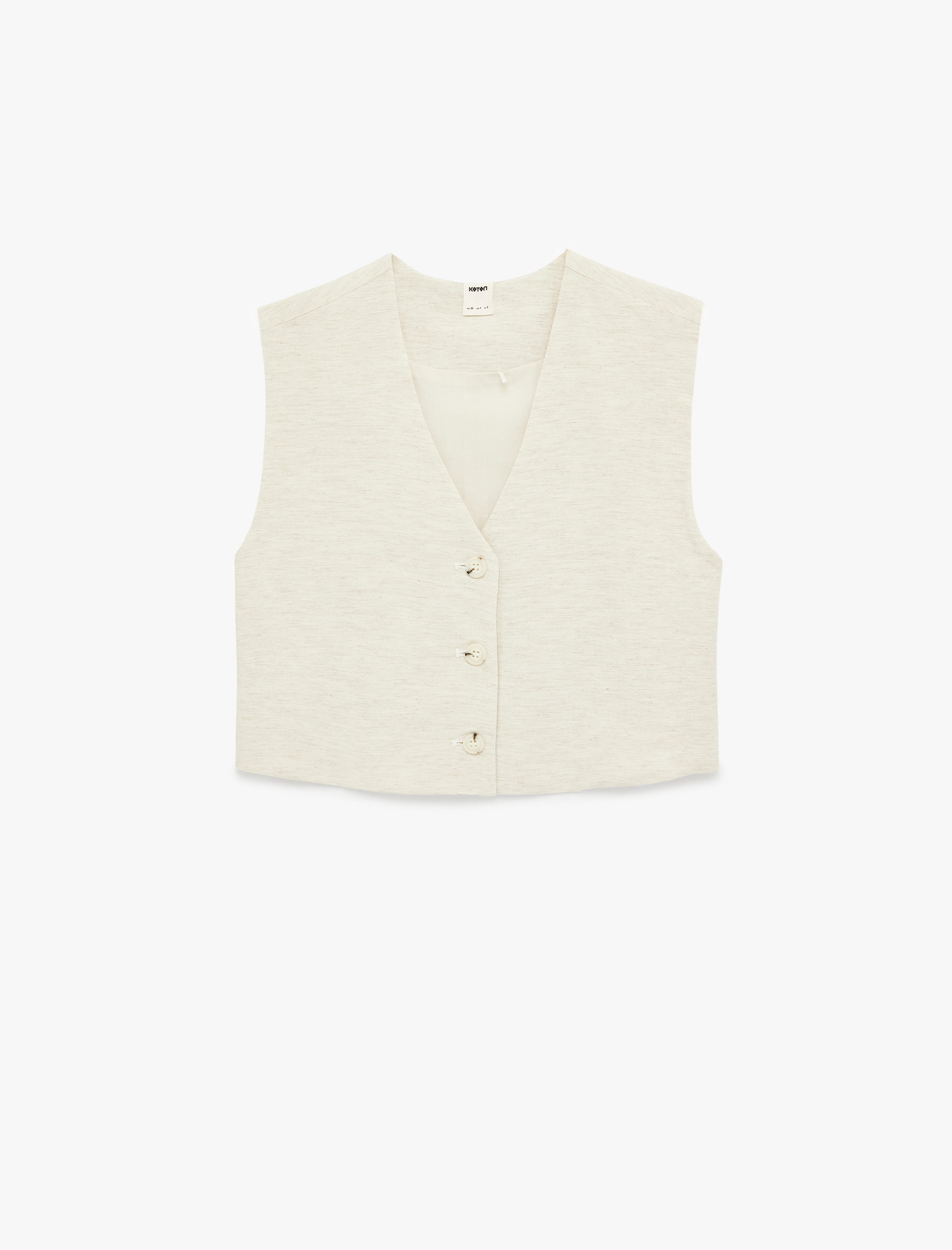   Keten Karışımlı V Yaka Düğmeli Crop Yelek