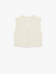 Keten Karışımlı V Yaka Düğmeli Crop Yelek