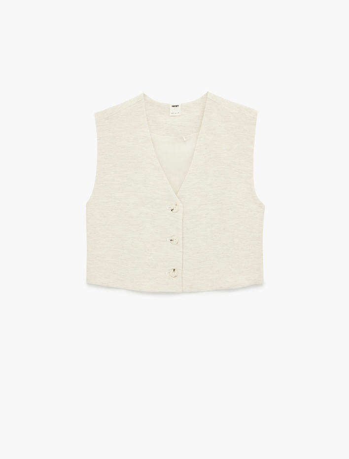  Keten Karışımlı V Yaka Düğmeli Crop Yelek