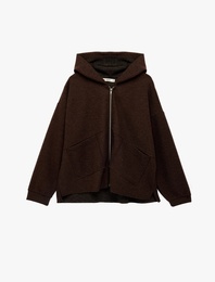 Kaşe Uzun Kollu Kapüşonlu Cep Detaylı Oversize Fermuarlı Sweatshirt