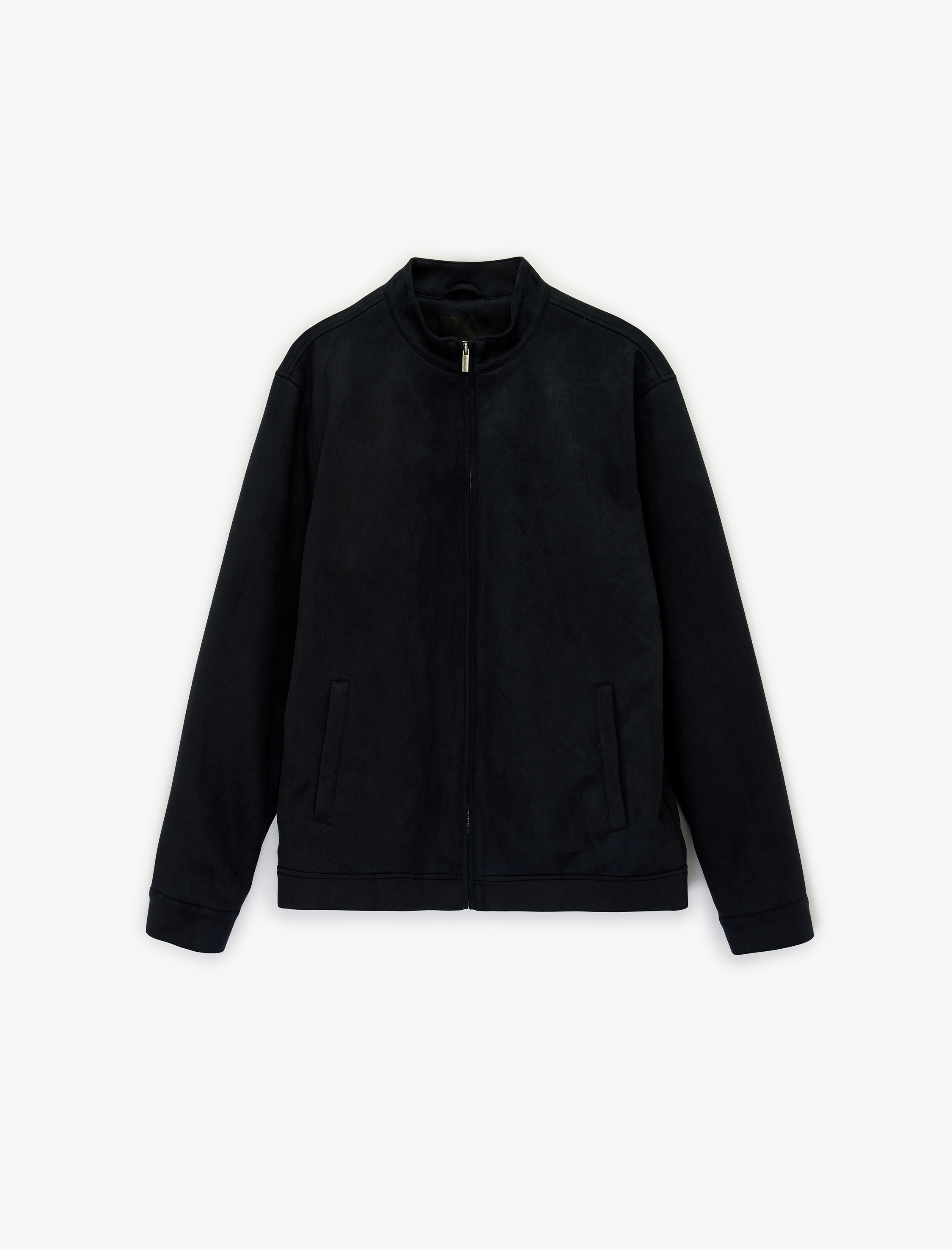   Uzun Kollu Dik Yaka Cepli Fermuarlı Slim Fit Suni Süet Bomber Ceket