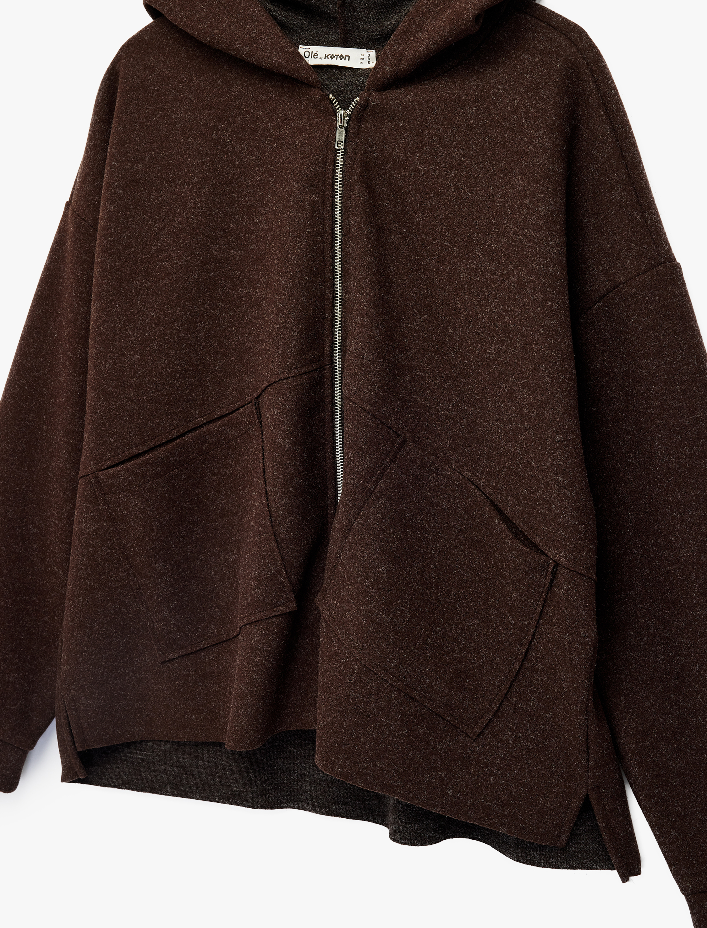   Kaşe Uzun Kollu Kapüşonlu Cep Detaylı Oversize Fermuarlı Sweatshirt