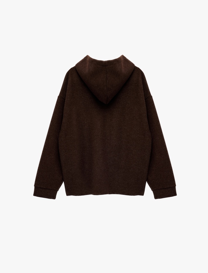 Kaşe Uzun Kollu Kapüşonlu Cep Detaylı Oversize Fermuarlı Sweatshirt