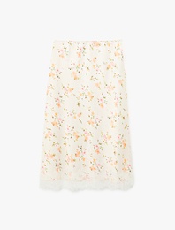 Dantel Detaylı Çiçekli Kloş Midi Saten Etek