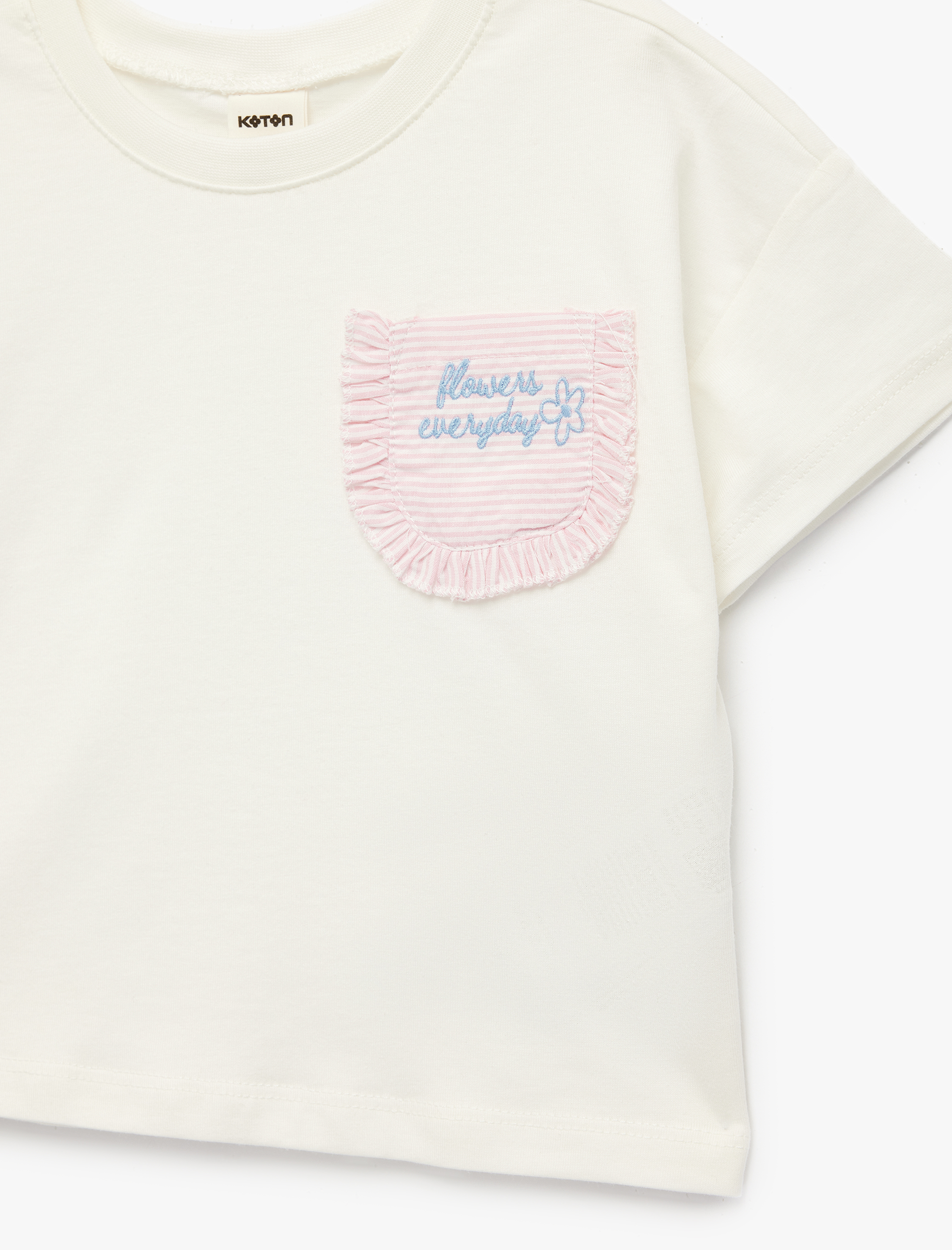  Kız Bebek Kısa Kollu Bisiklet Yaka Cep Detaylı Pamuklu Tişört