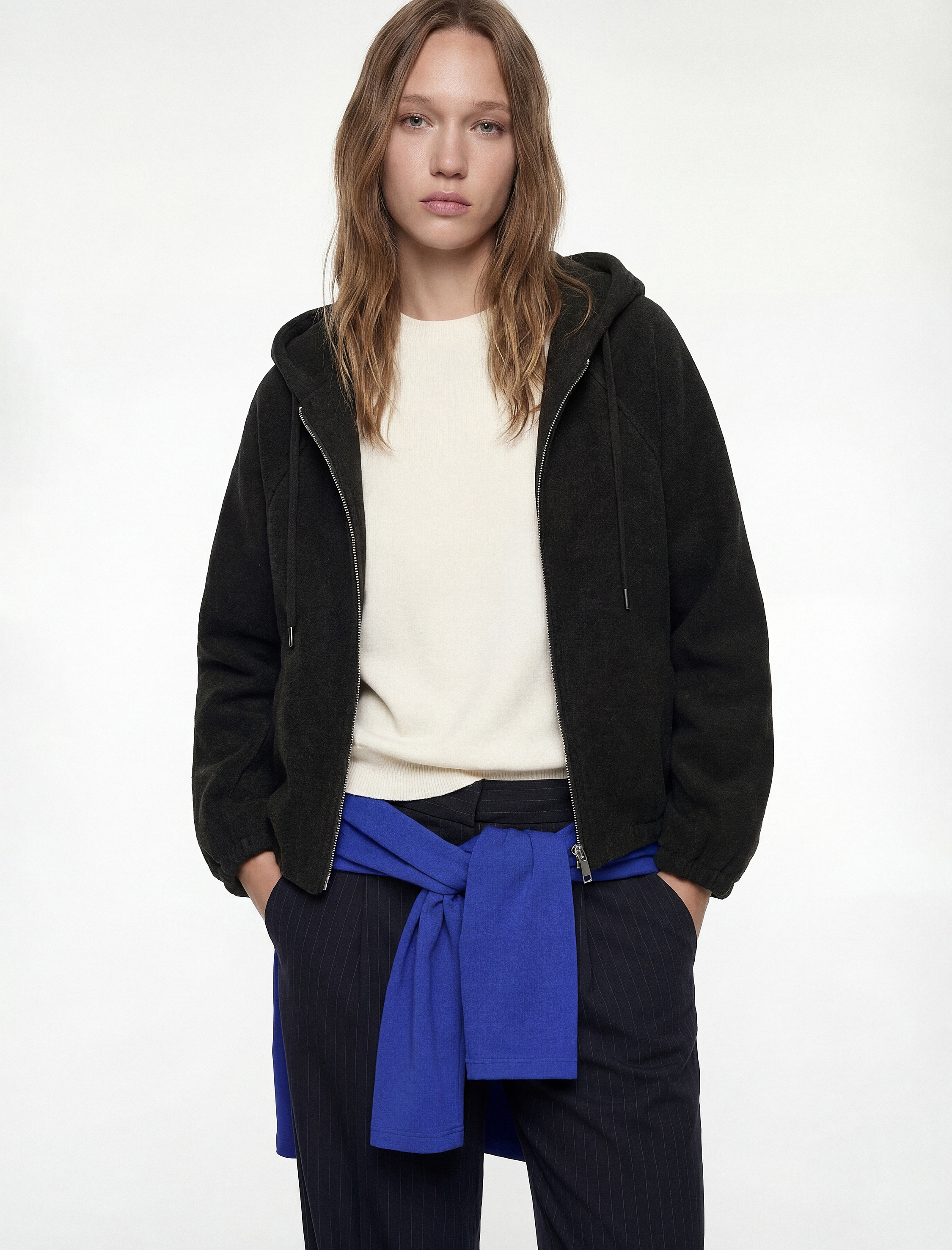   Cepli Fermuarlı Uzun Kollu Kapüşonlu Kaşe Bomber Ceket