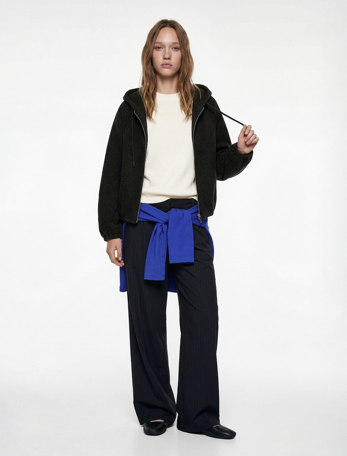  Cepli Fermuarlı Uzun Kollu Kapüşonlu Kaşe Bomber Ceket