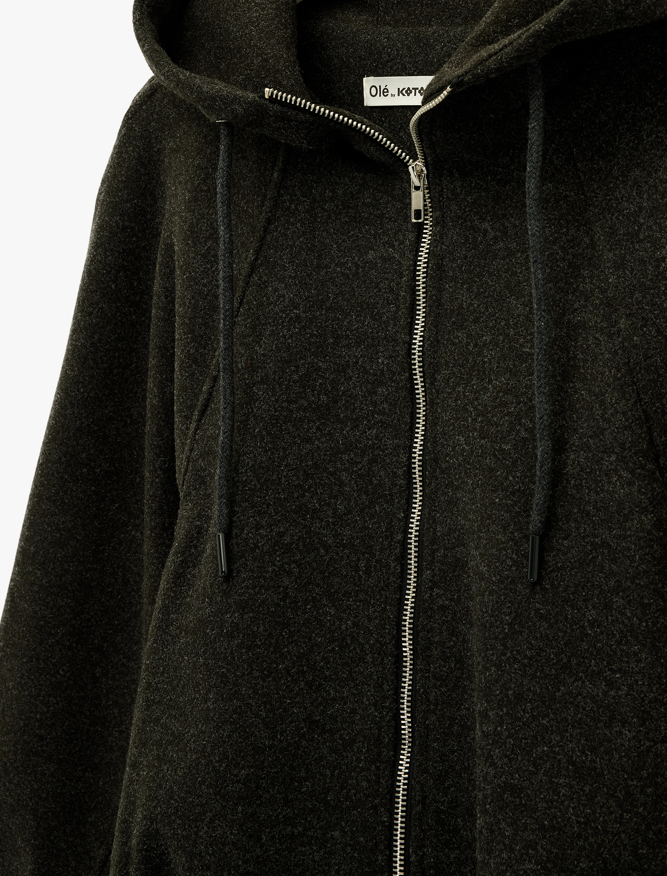   Cepli Fermuarlı Uzun Kollu Kapüşonlu Kaşe Bomber Ceket