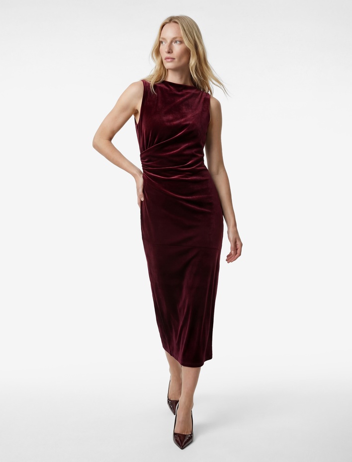  Dik Yaka Slim Fit Kolsuz Drapeli Yırtmaç Detaylı Uzun Bodycon Kadife Elbise