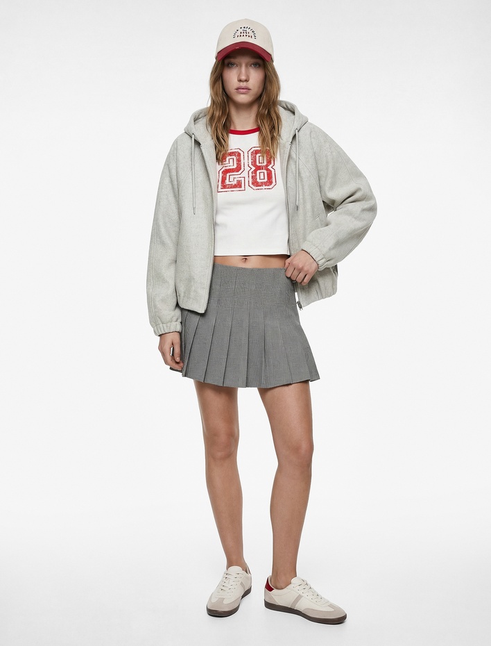  Cepli Fermuarlı Uzun Kollu Kapüşonlu Kaşe Bomber Ceket