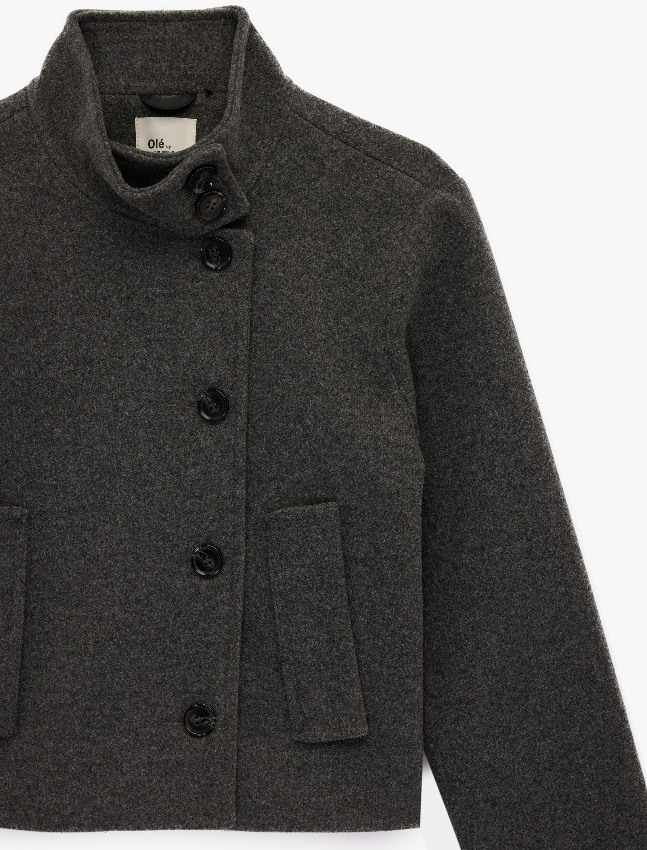   Uzun Kollu Dik Yaka Cep Detaylı Düğmeli Crop Ceket