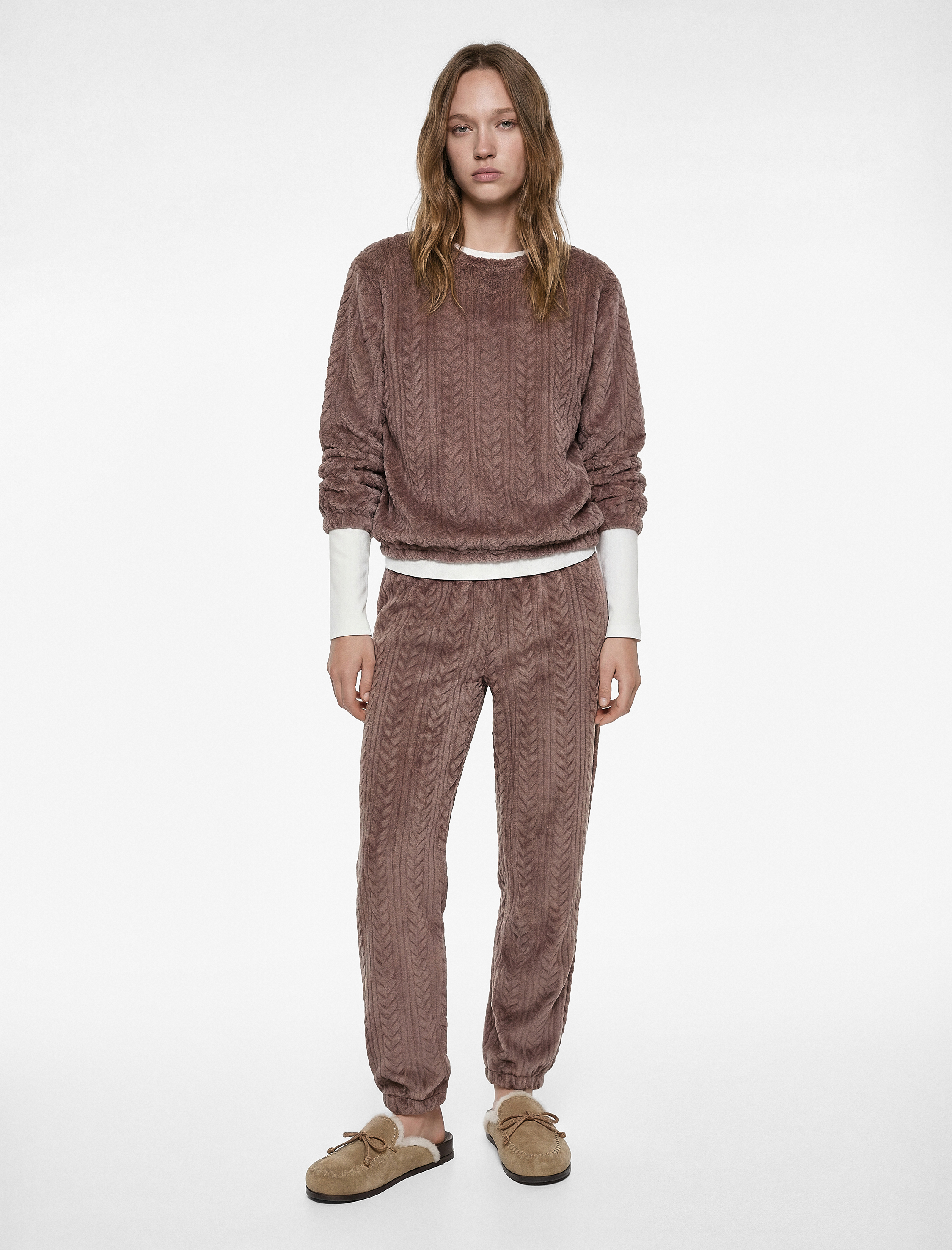   Uzun Kollu Bisiklet Yaka Dokulu Pijama Üstü