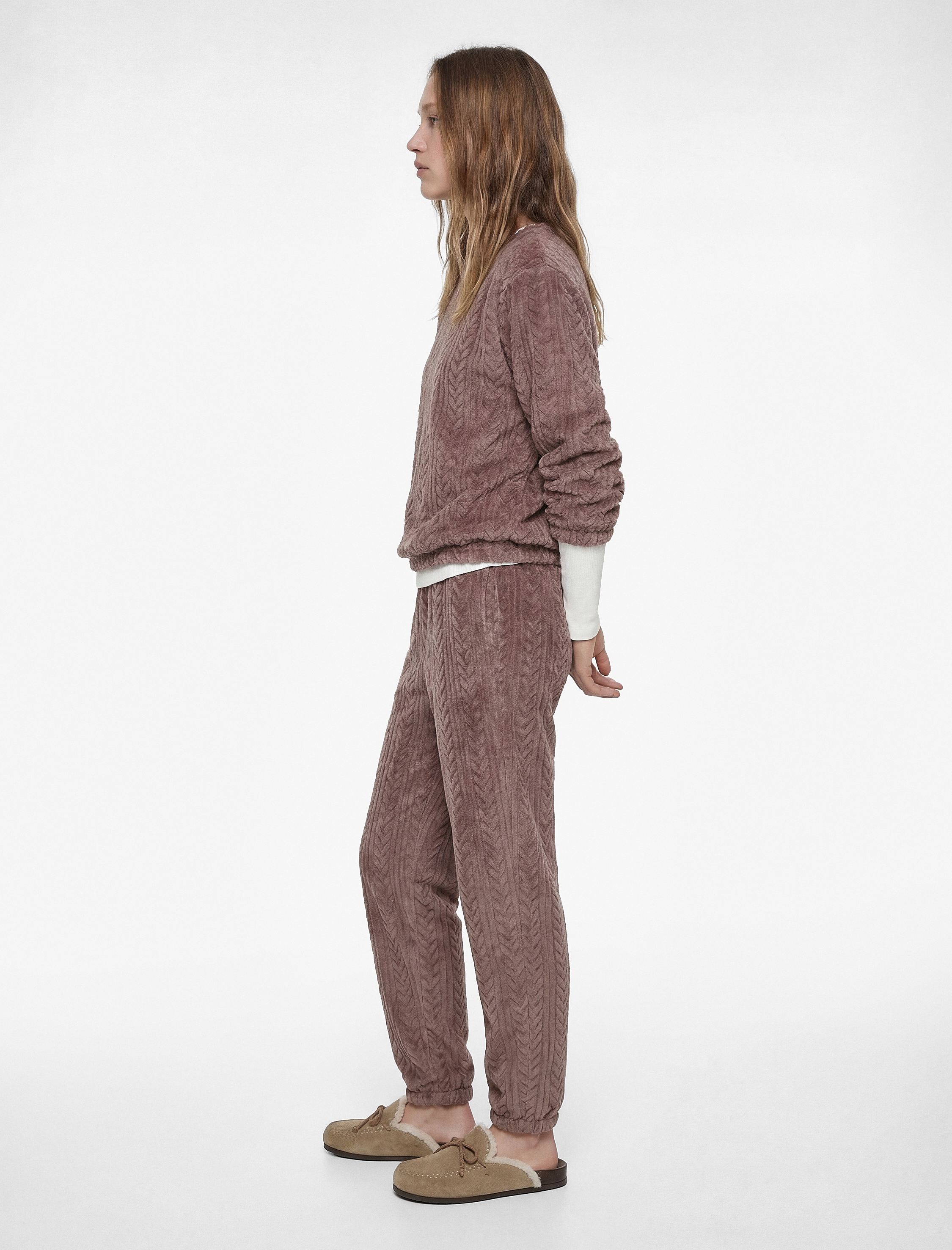   Uzun Kollu Bisiklet Yaka Dokulu Pijama Üstü